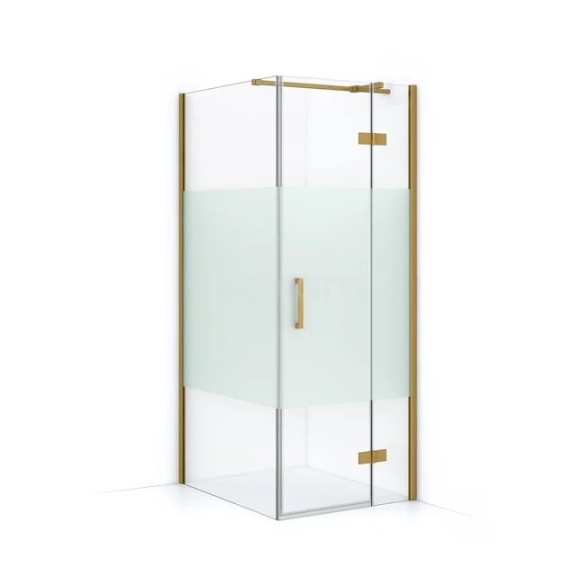 Corner shower cabin with frosted glass, gold accents and clean lines; luxury bathroom design for a modern look.