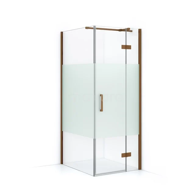 Glass corner shower cabin with frosted glass centre panel, metal hinges and wooden details, perfect for a modern bathroom.