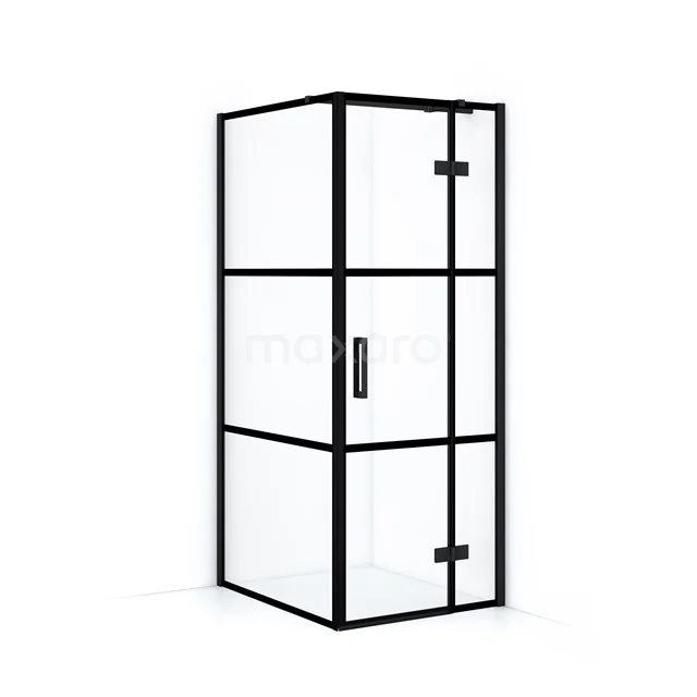 Black industrial shower enclosure with clear glass, minimalist design and integrated Handle, perfect for modern bathrooms.