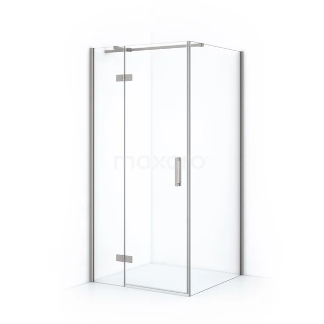 Glass shower enclosure square design with door and chrome accents, ideal for a modern bathroom.