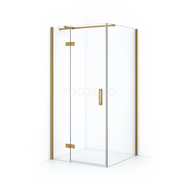 Gold Duschkabine mit Klarglas und Eckdesign, ideal für Luxus Badezimmerinterieurs.