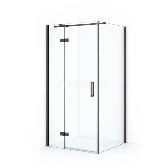 Clear glass shower enclosure with black accents, corner model with pivot door, perfect for modern bathrooms.