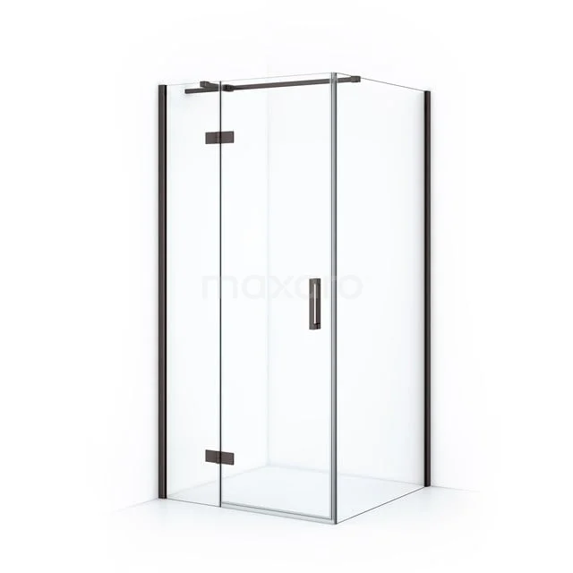 Clear glass shower enclosure with black accents, corner model with pivot door, perfect for modern bathrooms.