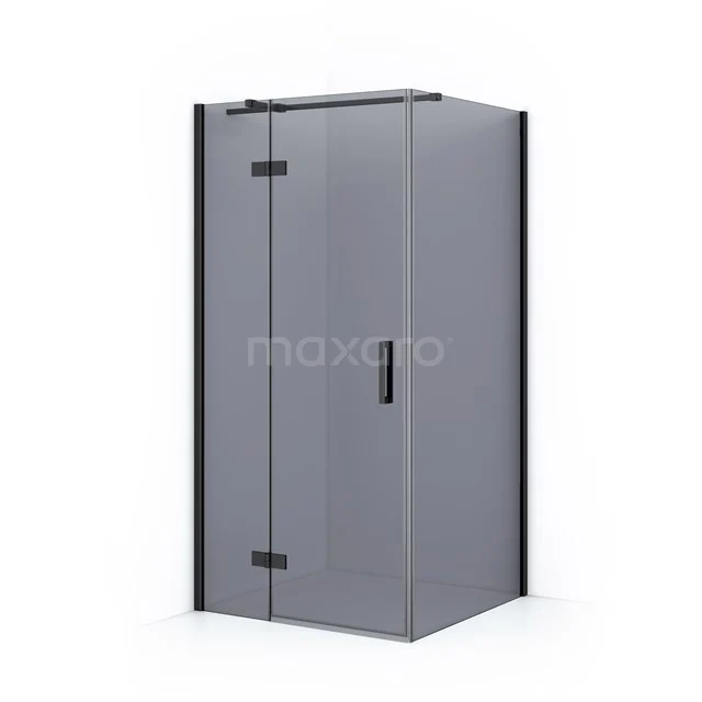 Matte black shower enclosure with clear glass, corner model and clean lines; modern bathroom solution.