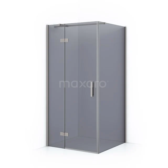 Graue Glas-Duschkabine mit Eckeinstieg, rechteckigem Design und verchromtem Haltegriff, perfekt für moderne Bäder.