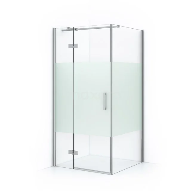 Glass shower enclosure with clear and frosted glass, rectangular design, chrome accents and pivot door; perfect for a modern bathroom.