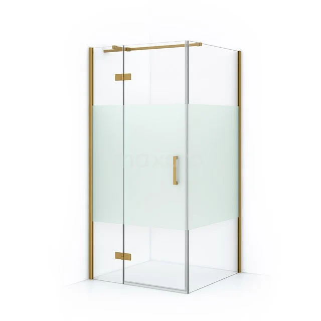 Gold corner shower cabin with frosted glass and clear glass, ideal for a modern bathroom. Luxurious finish, sleek design.