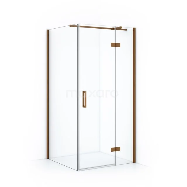 Diamond Shower cabin | 100x70 cm Copper Clear glass Pivot door Rectangle CDB224607310KP Glass corner shower cabin with transparent walls, metal hinges and wooden accents, ideal for modern bathrooms.