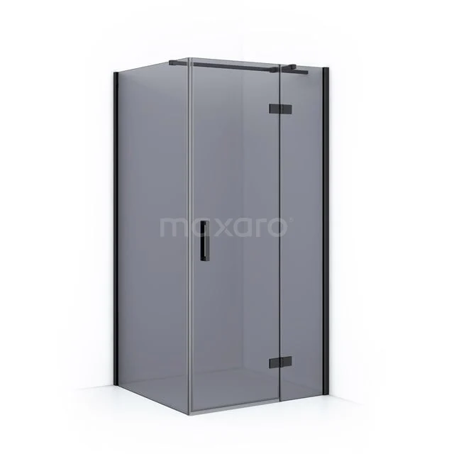 Graue Ecke Duschkabine mit matt Glas, schwarz Aluminium Rahmen und Drehtür; modern und ideal für einen stilvollen Badezimmer.