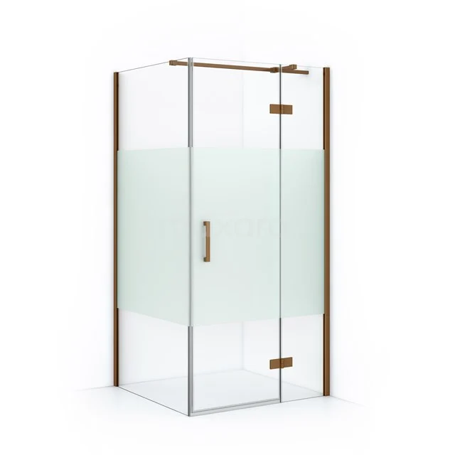 Glas Duschkabine mit Matt Weiß Paneelen, goldfarbigen Akzenten und Holzdetails; stilvolle Badezimmerlösung.