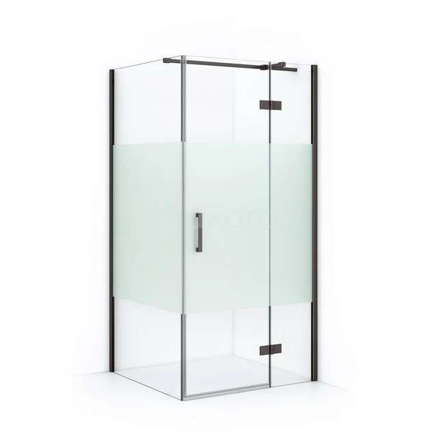 Diamond Shower enclosure | 90x90 cm Black metal Clear with matt strip Pivot door Square CDB223609313ZM Glass shower enclosure with frosted glass, black frame and hinged door, ideal for modern bathrooms.