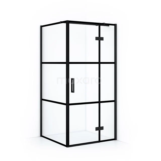 Diamond Shower enclosure | 100x90 cm Matte black Clear with 4 black stripes Pivot door Rectangle CDB224510318MB Black metal shower enclosure with square shape and glass panels, ideal as a luxurious addition to a modern bathroom.