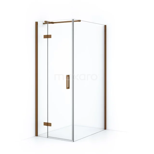 Glass shower enclosure with wooden accents, angular design, perfect for stylish bathroom design.