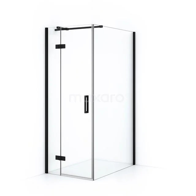 Shower enclosure with clear glass, black profiles and pivot door, modern design, ideal for a stylish bathroom.