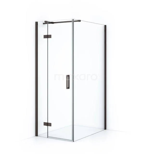 Shower enclosure made of clear glass, corner model with black aluminium frame; modern bathroom solution.