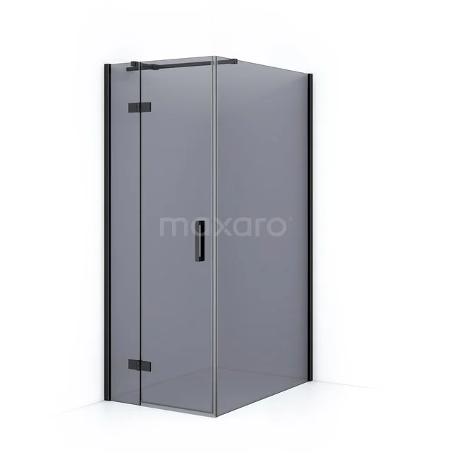 Matt Schwarz Ecke Duschkabine mit Glaswänden, Scharnier Tür und minimalistischem Design für einen modernen Badezimmer Stil.