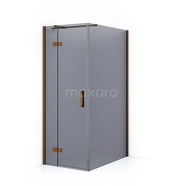 Corner shower cabin with frosted glass, black accents and copper-coloured hinges, ideal for a modern bathroom design.