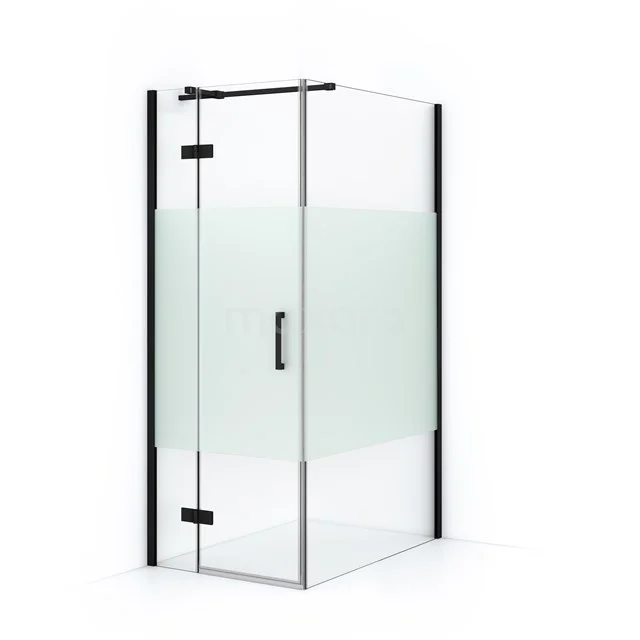 Corner shower cabin with frosted glass and black profiles, modern design, ideal for a stylish and functional bathroom.