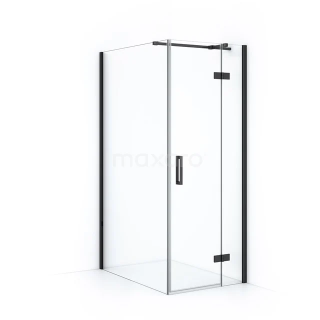 Glass shower enclosure with corner entry, sleek black profile and pivot door, ideal for modern bathrooms.