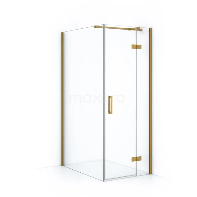 Glas Duschkabine mit goldfarbenen Akzenten, Eckmodell für moderne Bäder.