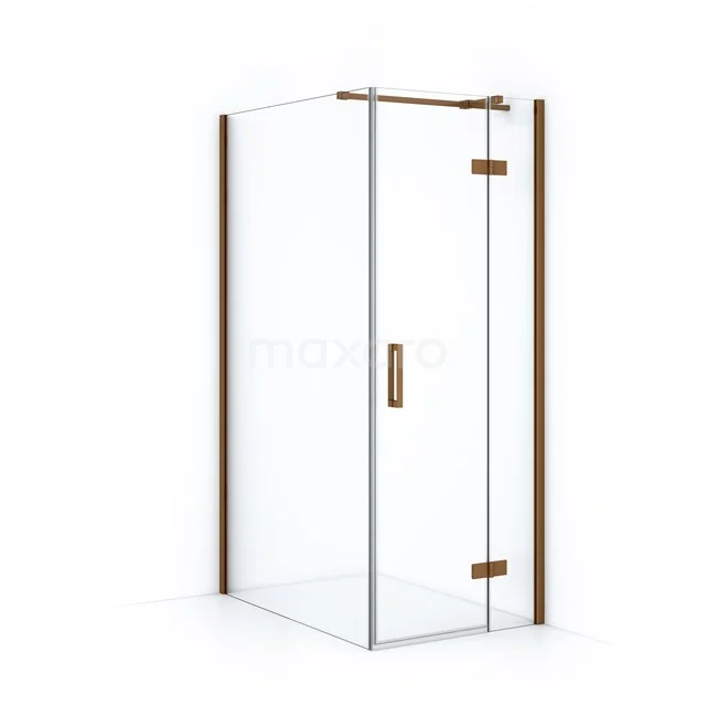 Glass shower enclosure with corner design, frameless and gold accents, ideal for a stylish modern bathroom.