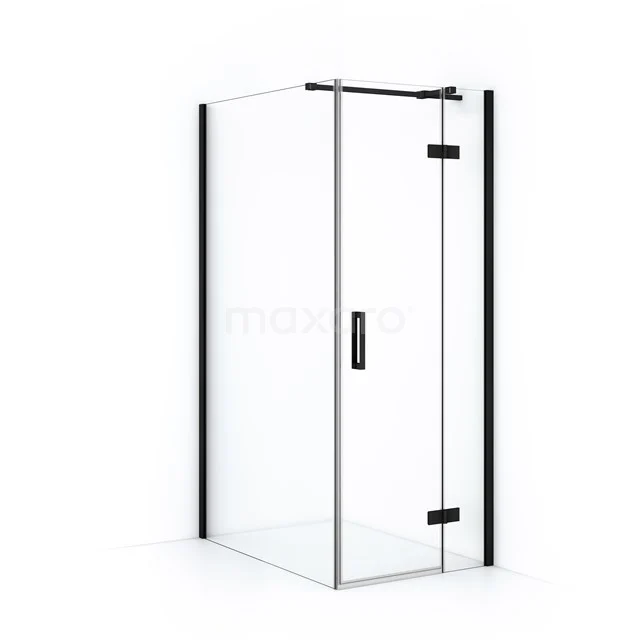 Diamond Shower cabin | 110x80 cm Matte black Clear glass Pivot door Rectangle CDB223511310MB Glass shower enclosure with black accents, corner design and clear panels, perfect for a modern bathroom.