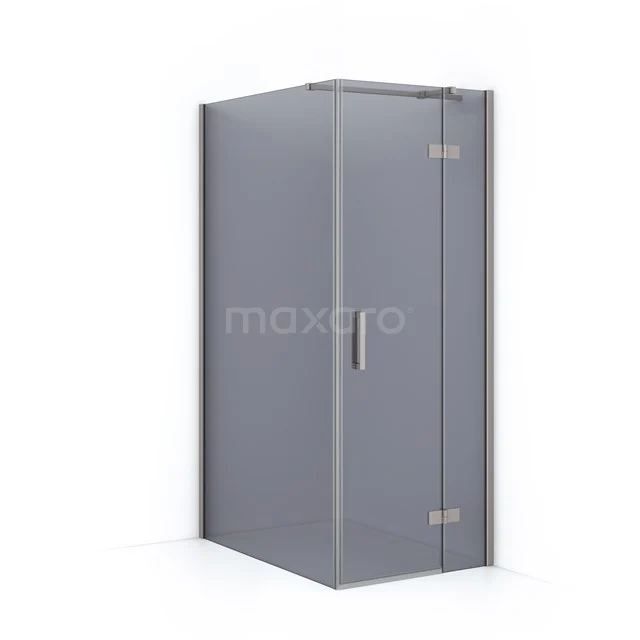 Grey corner shower cabin with glass door, metal handle and sleek design, ideal for a modern bathroom.