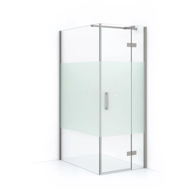 Corner shower cabin with frosted glass and silver profiles, perfect space-saving solution for any modern bathroom.