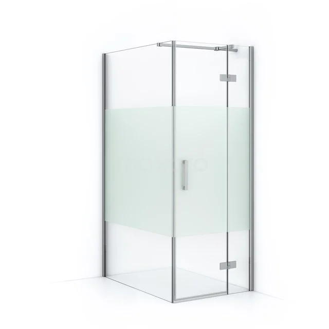 Eck-Duschkabine mit Klarglas und mattgläsernem Streifen, Aluminiumprofile, ideal für moderne Bäder.