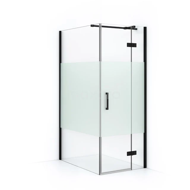 Square glass shower enclosure with frosted glass panel, black metal accents and hinged door; stylish bathroom design.