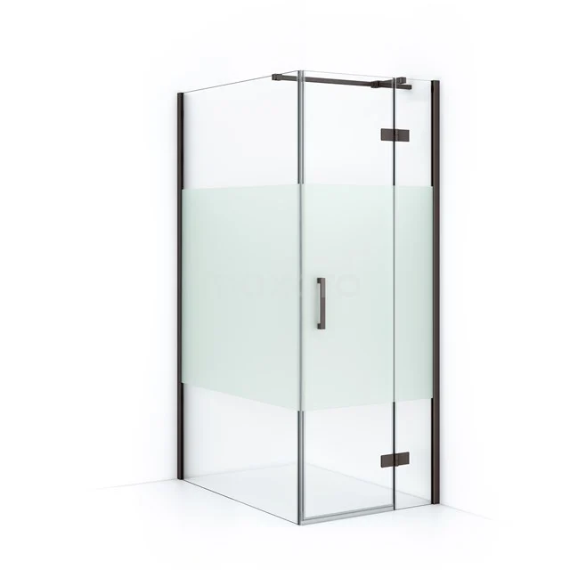 Eck-Duschkabine mit matten Glasplatten, schwarzen Aluminiumprofilen, modernem Design für ein stilvolles Badezimmer.