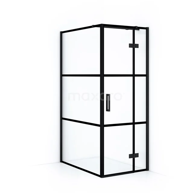 Modern black shower enclosure with glass panels, industrial design, ideal for a stylish bathroom.