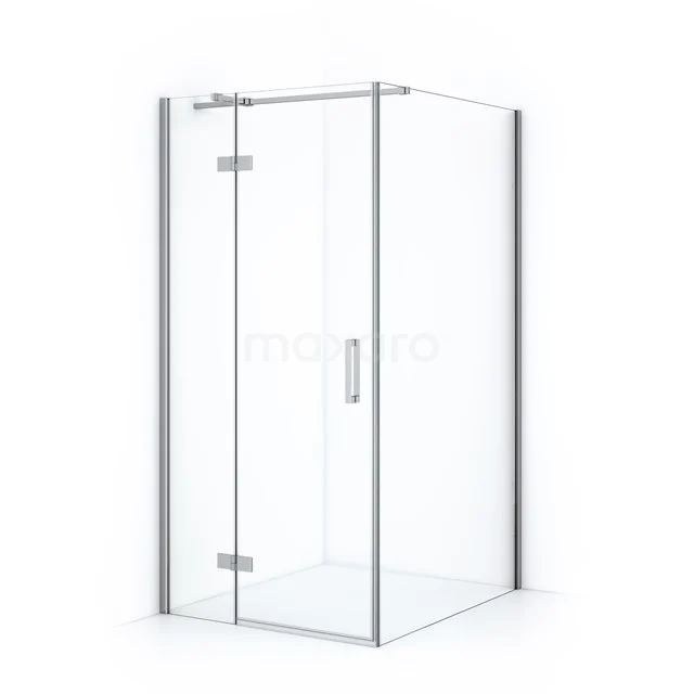 Shower enclosure with silver-coloured edges, corner model, suitable for modern bathrooms, toughened safety glass.