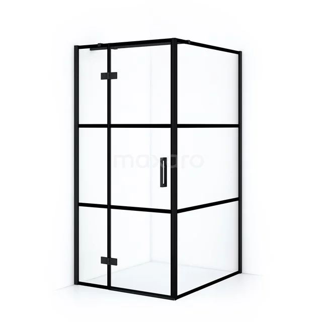 Schwarze Eck-Duschkabine mit Klarglas und Aluminiumrahmen, modernes industrielles Design, ideal für stilvolle Bäder.