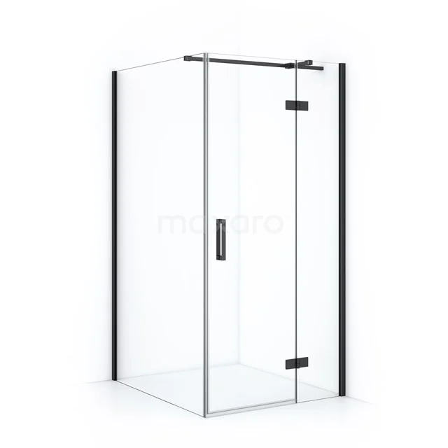 Modern glass shower enclosure with black aluminium frame, corner step and sleek design for a stylish bathroom.