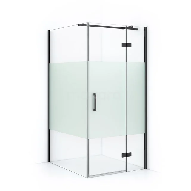Diamond Shower cabin | 120x90 cm Black chrome Clear with matt strip Pivot door Rectangle CDB224512313BC Frosted glass shower enclosure with aluminium frame, corner step and sleek design for a modern bathroom.