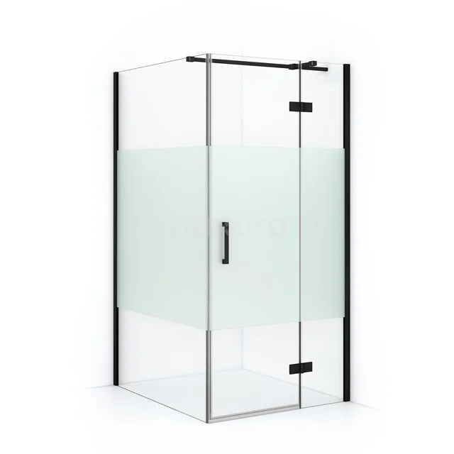 Diamond Shower cabin | 110x100 cm Matte black Clear with matt strip Pivot door Rectangle CDB224611313MB Modern glass shower enclosure with frosted glass and black metal accents, ideal for a stylish bathroom.