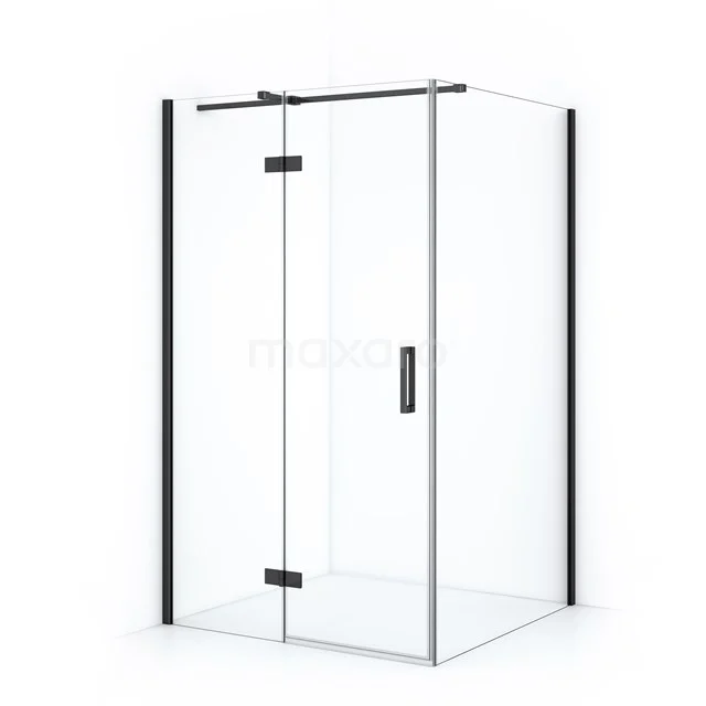 Corner shower cabin with clear glass, black frame and hinged door, ideal for a modern bathroom.