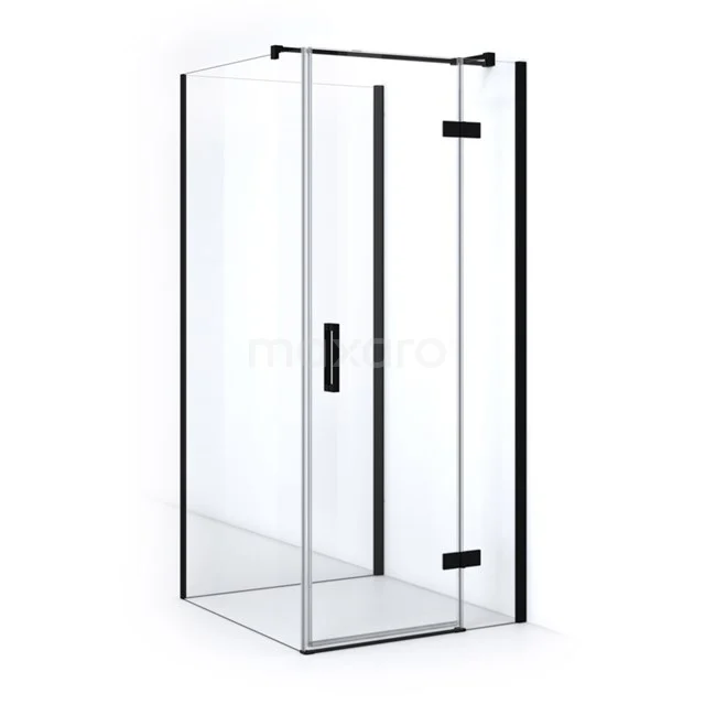 Strakke schwarze Glaskabine mit Eckeingang, minimalistisches Design, perfekt für moderne Bäder.