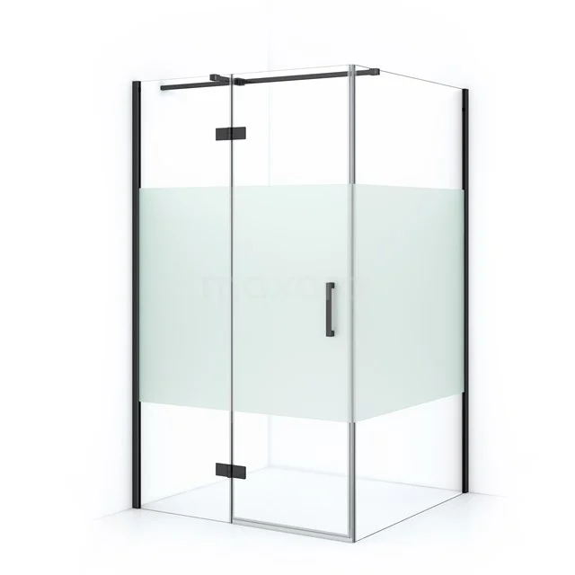 Glass shower enclosure with matte part, black frame, and pivot door; modern design, ideal for a stylish bathroom.