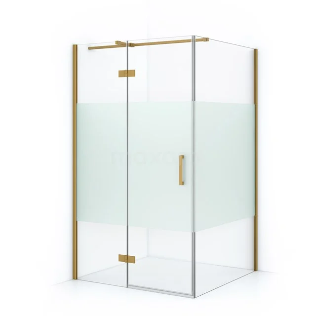 Glas Duschkabine mit matter Streifen, goldfarbigen Rändern und modernem Design für ein stilvolles Badezimmer.