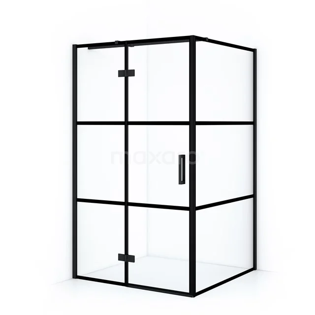 Black industrial shower enclosure with glass panels and sleek metal frame, ideal for a modern bathroom style.