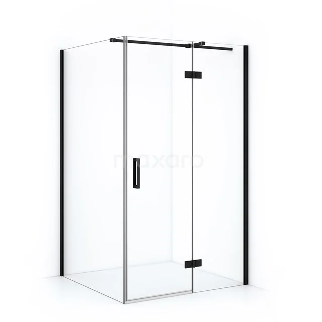 Shower enclosure with black profiles, corner entry and sleek design; ideal for a modern bathroom.
