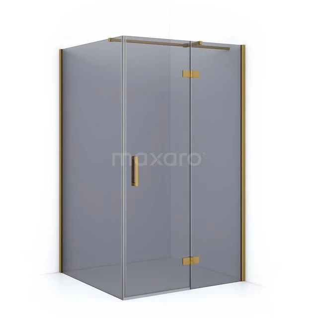 Grey shower enclosure with gold accents, angular design, ideal for a stylish and modern bathroom.