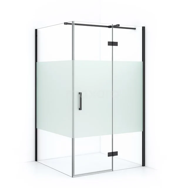 Moderne Glaskabine mit mattem Glasstreifen, schwarzen Metallelementen, ideal für eine stilvolle Badezimmergestaltung.