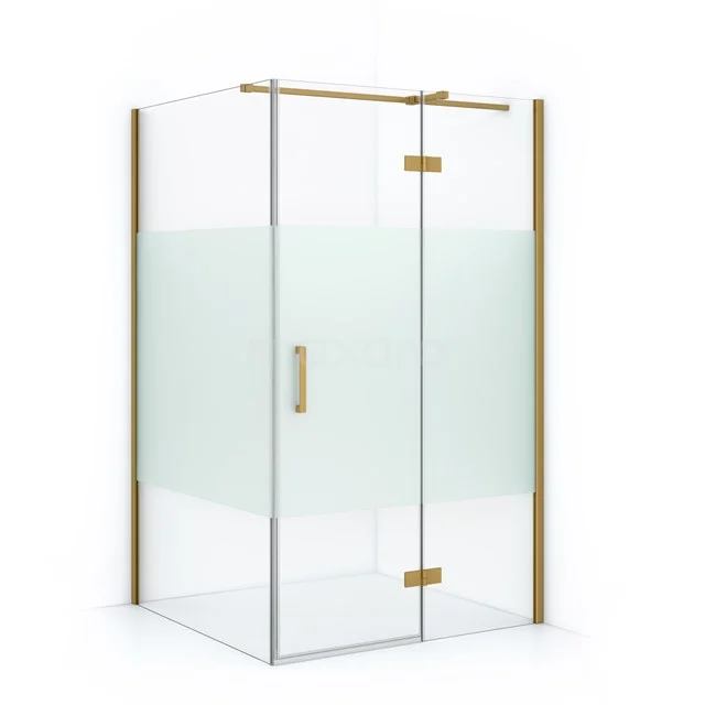 Gold corner shower cabin with clear and frosted glass, modern design for a stylish bathroom.