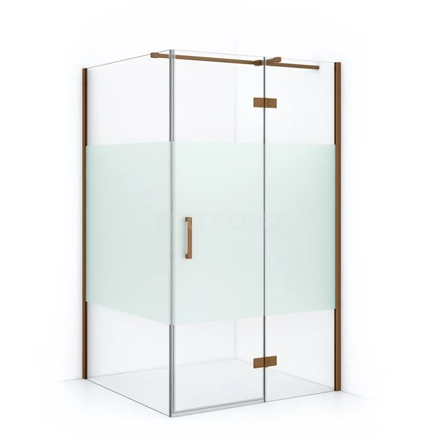 Diamond Shower cabin | 110x90 cm Copper Clear with matt strip Pivot door Rectangle CDB226509313KP Square glass shower enclosure with frosted glass and wooden accents, perfect for a modern bathroom.