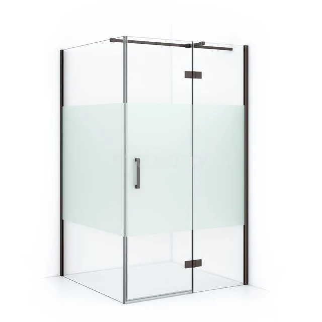 Duschkabine Diamond 110x90cm aus klarem Sicherheitsglas mit mattem Streifen aus schwarzem Metall CDB226509313ZMN Glasene Ecke Duschkabine mit Mattglas, schwarzen Akzenten und Drehtür, ideal für eine moderne Badezimmergestaltung.