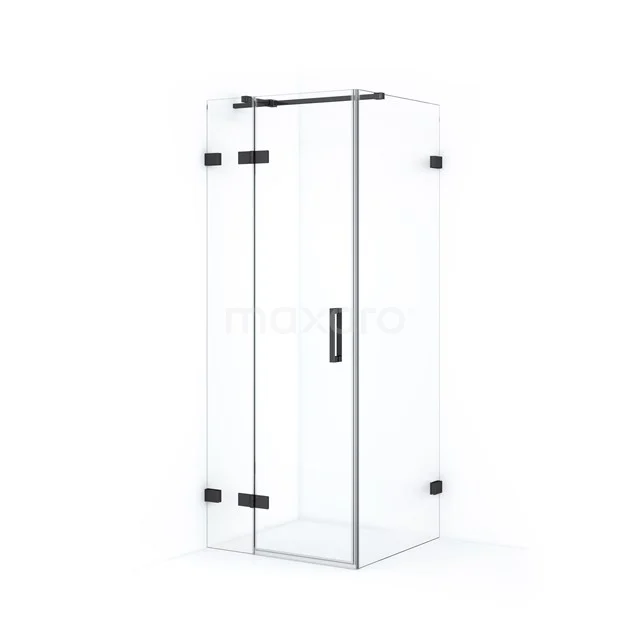 Glass shower enclosure with black profiles, minimalist design and sliding door, perfect for a modern bathroom.