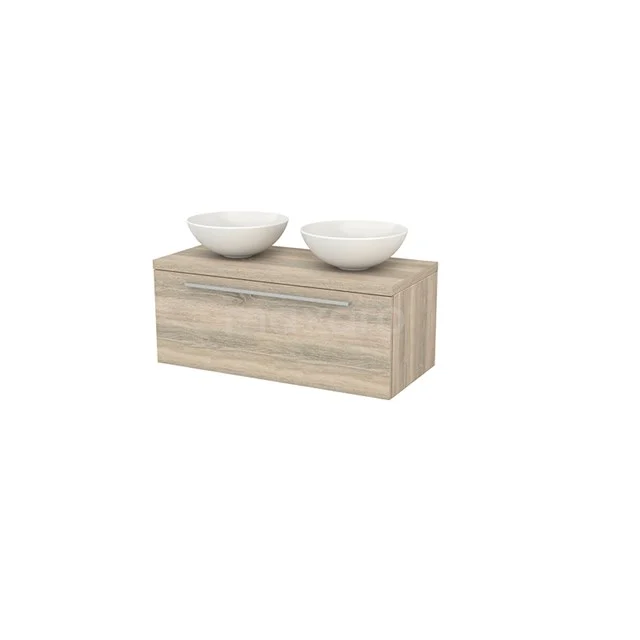 Wooden bathroom unit with natural wood look, two white drawers and one drawer, ideal for stylish bathroom storage.